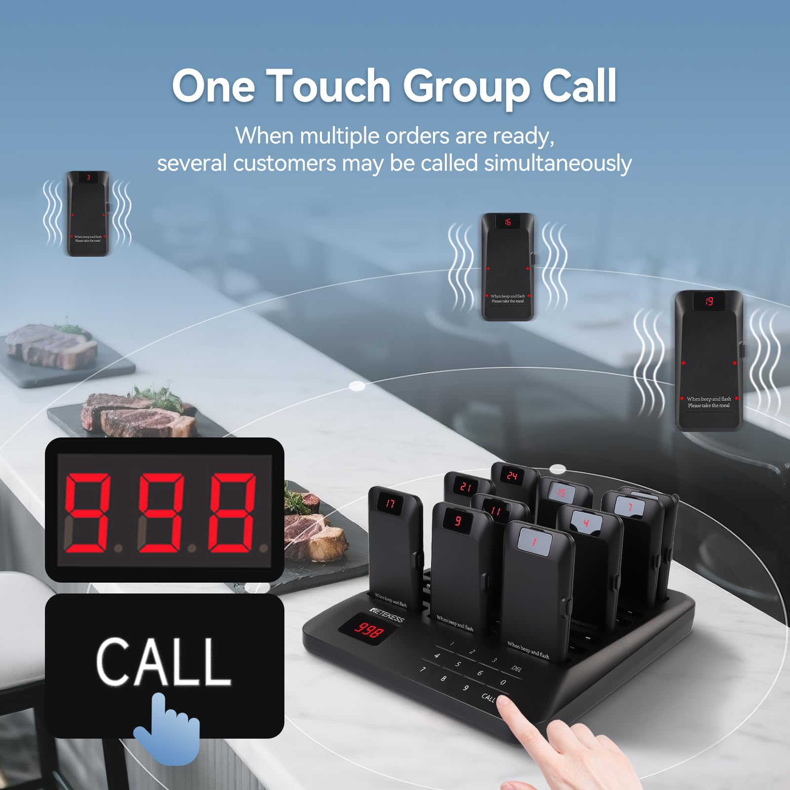 Retekess TD157P Cercapersone Ristorante, 800M Pager Ristorante, 24 Cercapersone, Con Tasto Mute, 39 Modalità di Chiamata, 300 mAh 24H, Cercapersone Wireless per Area Ristoro, Supermercati, Hotel