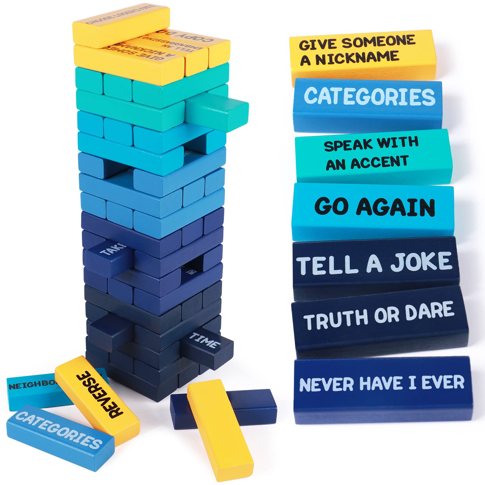 Amazon.com: Atoylink Stacking Games -- 54 PCS Stacking Blocks with 40  Different Rules and Games for Night Party Game (Blue) : Toys & Games