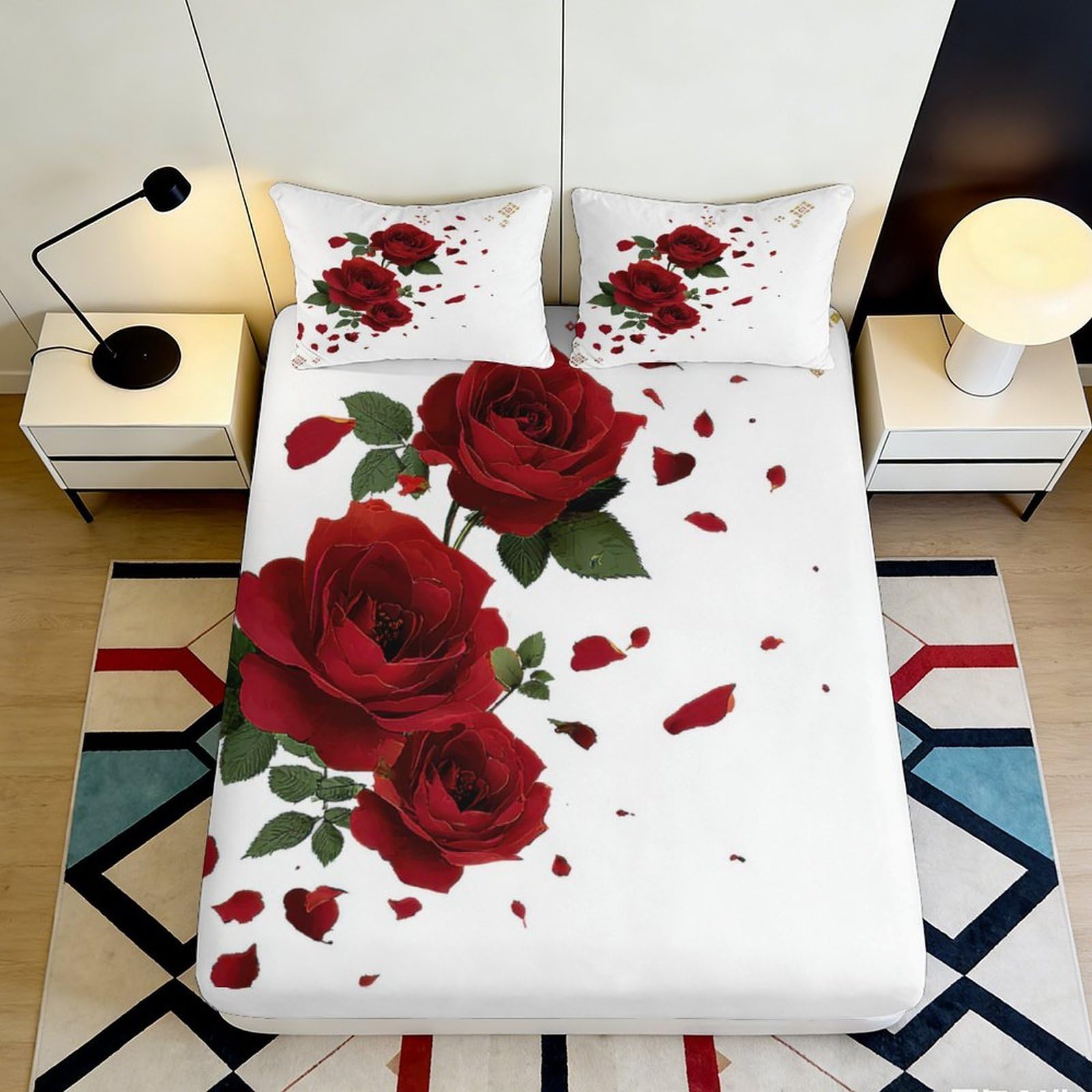 3D Printed Red Rose Fitted Sheet Microfiber Soft Decor Romantic Petal Bed Cover for Bedroom Guest Room Mattress Protection 90x200x25cm