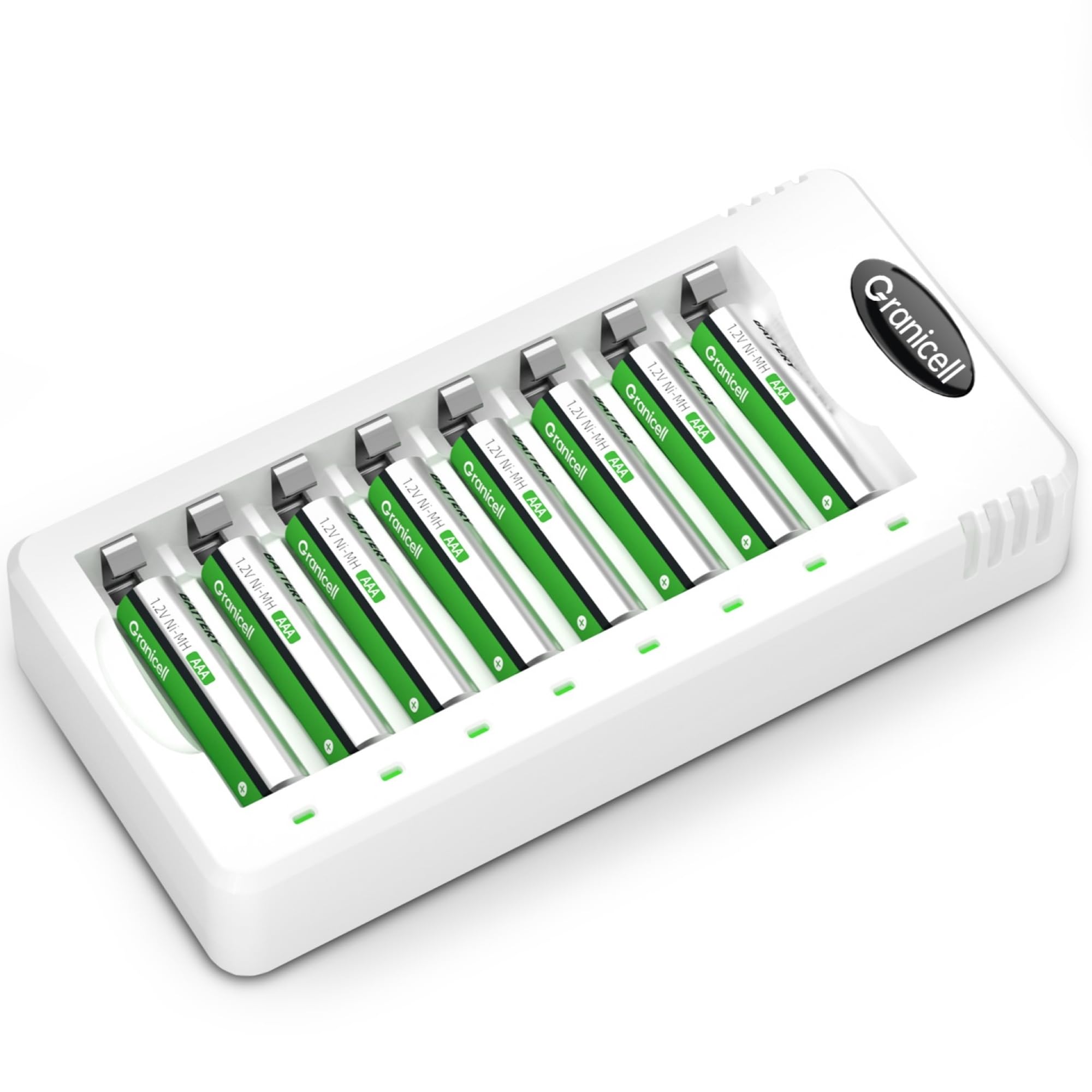 Rechargeable Battery with Charger, 8 Pcs of 1100mAh Low Self-Discharge AAA Batteries with 8-Compartment AA AAA Smart Battery Charger for Ni-MH Ni-CD Batteries, Individual Slots.