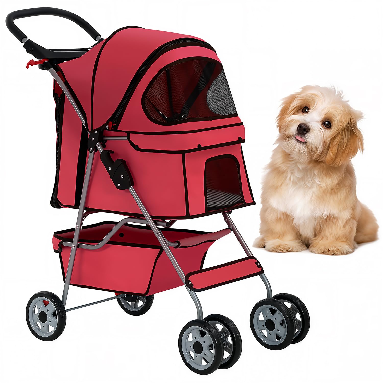 BestOffice Pet Stroller for Small Medium Dogs & Cats, 3-Wheel Foldable Dog Stroller with Cup Holder, Lightweight Travel Carrier, Waterproof Design for Outdoor Walks, Black
