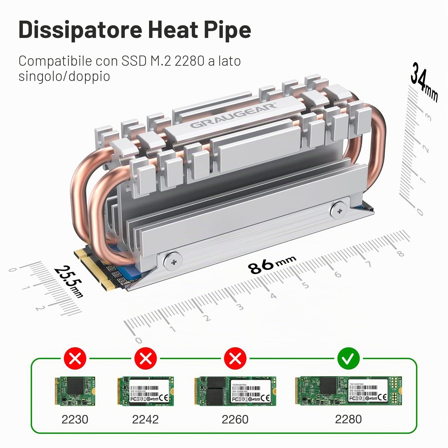 GRAUGEAR M.2 2280 NVMe SATA Dissipatore di calore SSD, Tubo di calore Direct Touch, doppio tubo di calore in rame, design a piastra-pinna in lega di alluminio, altezza 3,4 cm