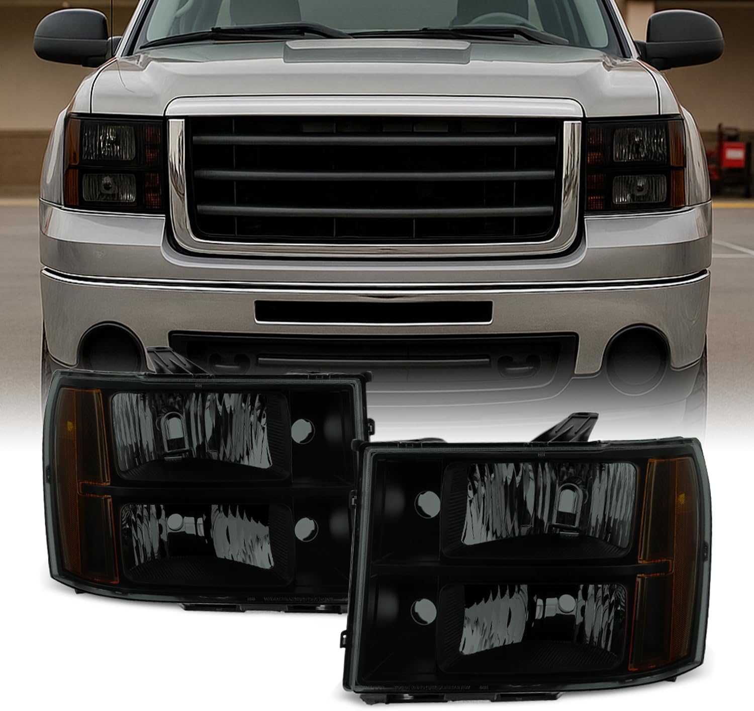 AKKON - For Black Smoke 07-13 Sierra 1500 07-14 Sierra 2500HD 3500HD Headlights Front Lamps Direct Replacement