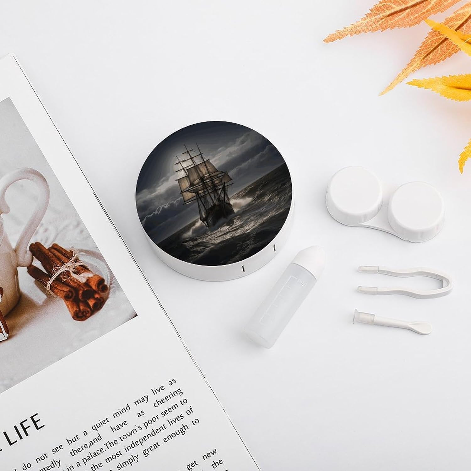 Sailing Ship in Storm Contact Lens Case Portable Contact Lens Applicator Removal Tool Kit Cute Round Eyeglass Cases with Mirror for Daily Vision Care And Outdoor Use