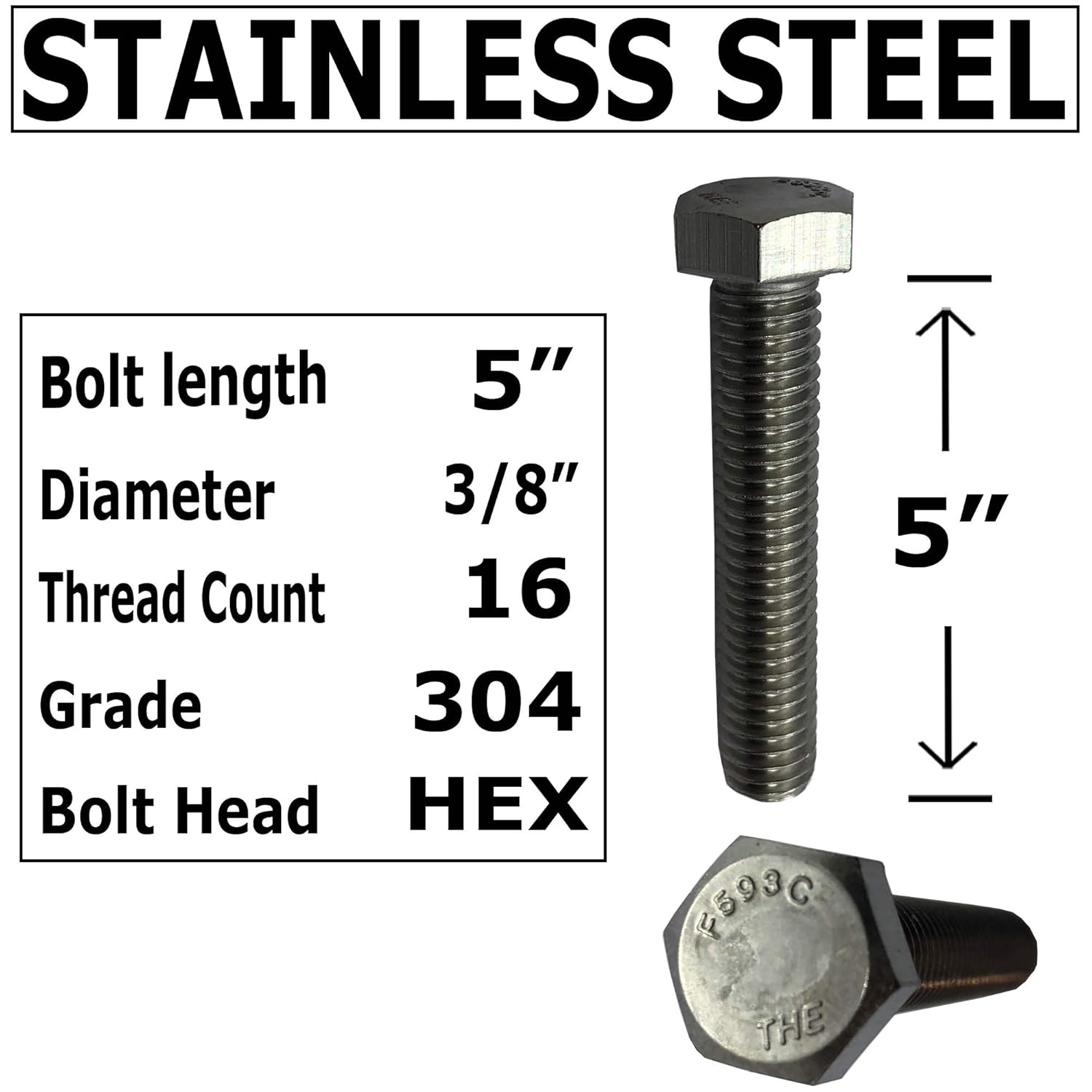 3/8" -16 x 5-304-STAINLESS Steel Bolts, Nuts & WASHERS - 18-8 HEX Head Bolt - 304 Grade. General Purpose (10) Bolts + (10) Nuts + (10) Washers