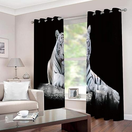 Miniatura 2 de Cortinas opacas 3D de tigre blanco, cortinas impresas en 3D de animales negros oscuros, 2 paneles de cortinas de ventana, cortinas de oscurecimiento