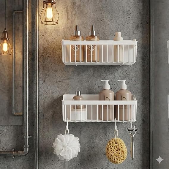 Delmeden Yapışkanlı Plastik Banyo Rafı – Askılı Duş Organizeri, Su Tahliyeli Şampuanlık (2’li Set – 25 cm)