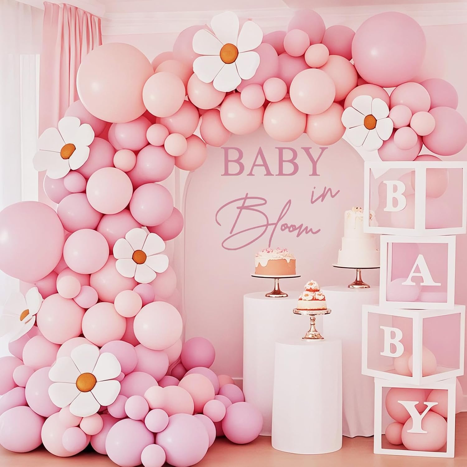 Baby in Bloom Decal Sign Baby Shower Arch Sticker Gender Reveal Party Backdrop Decal Sign Ideal for Arch Backdrop Wall or Any Smooth Surface Decorations (Pink)