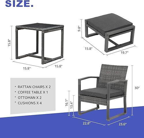 Miniatura 4 de Patiorama Juego de muebles de mimbre para patio al aire libre, 5 piezas, sillas de ratán de polietileno gris para todo tipo de clima, juego de