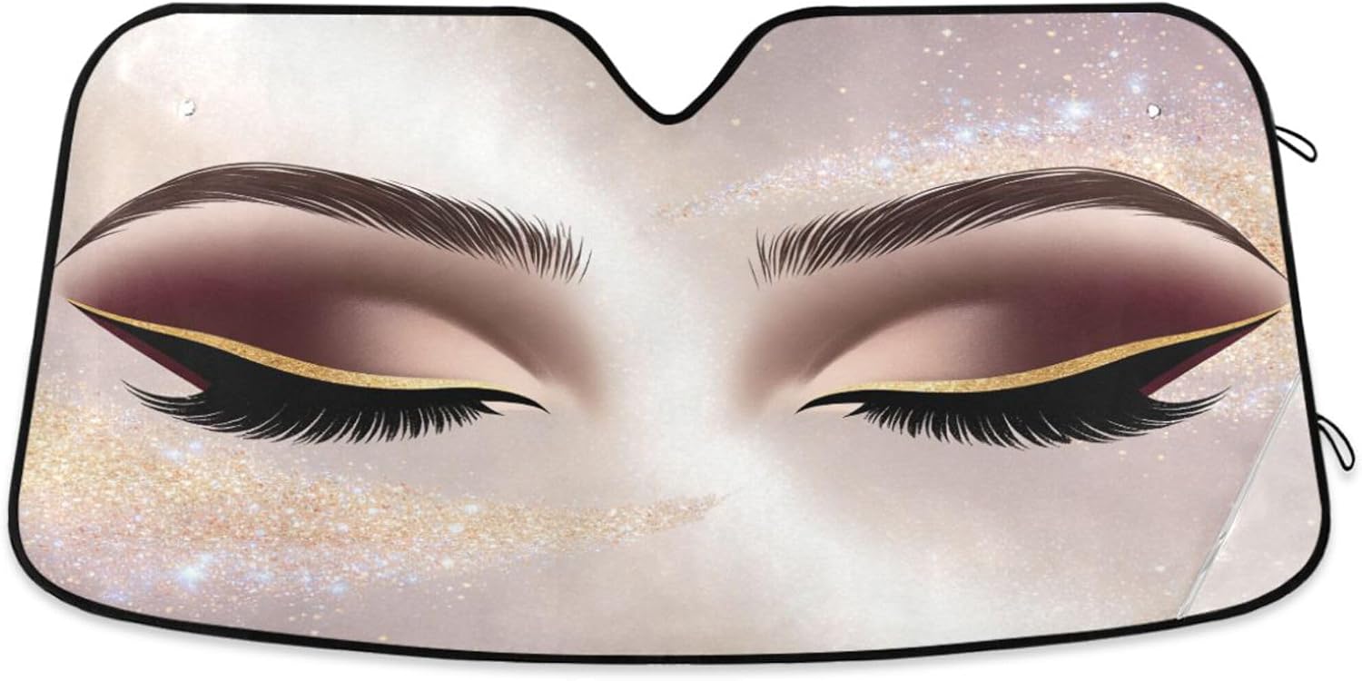 Hello Gorgeous Car Windshield Sun Shade Women Eyes Long Eyelashes Car Sun Visor for UV Rays and Sun Heat Protection Brown Gold Eyeshadow Blocks Heat and Sun Foldable Automotive Shield 57x32 in