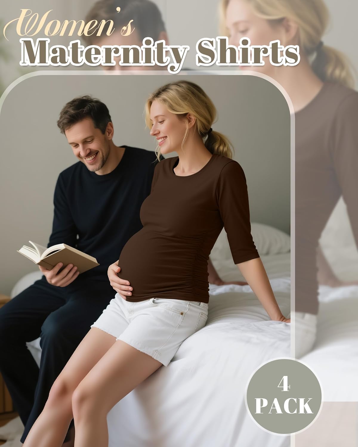 4 Pack Women's Maternity Shirts, Half Sleeve Side Ruched Tops Crew Neck Summer Casual Pregnancy Clothes - Image 4