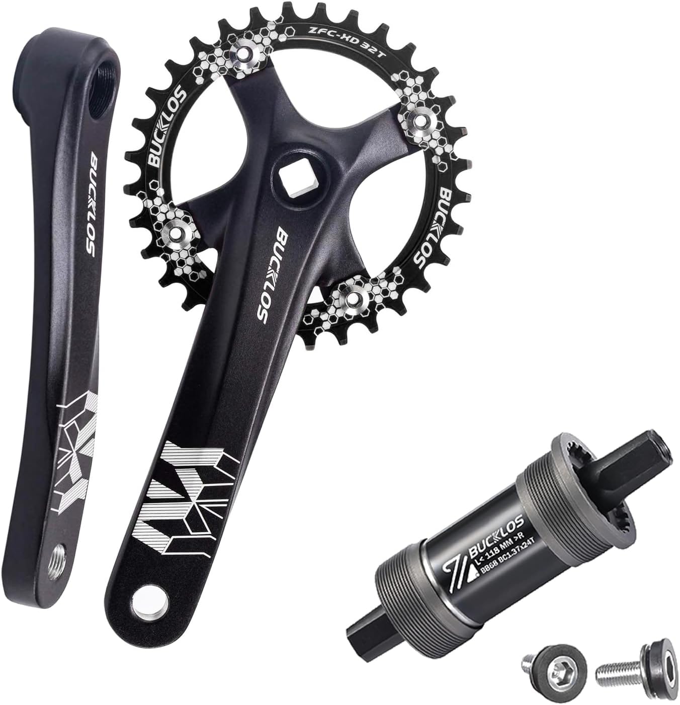 BUCKLOS Square Tapered BSA Bottom Bracket JIS-68x118mm with Screws&Single Speed Square Taper Crankset -170mm 32T Cranksets Bicycle Crank Set with 104BCD Round Chainring