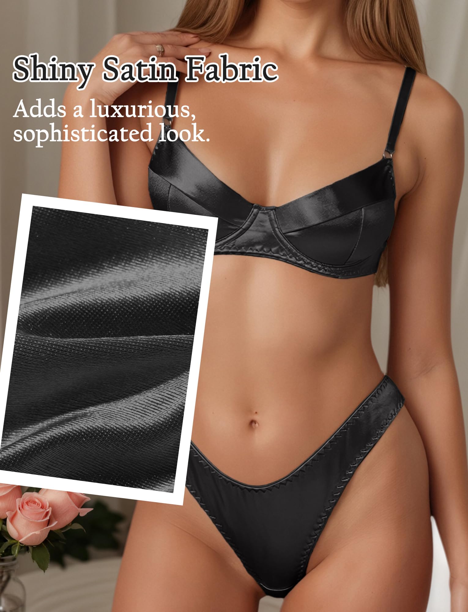 SEAUR Damen Satin-Dessous-Set Sexy Unterwäsche-Set Ohne Polsterung Unterwirkter BH mit String 2-teilig