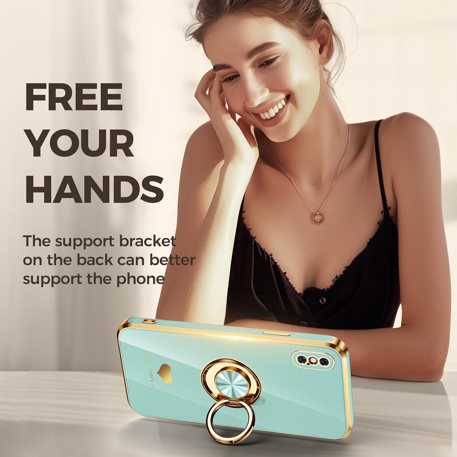 Compatible for iPhone X/XS Case with 2 Pack Screen Protector, 360° Rotatable Ring Holder [Luxury Hearts Pattern] Plating Gold Edge Slim Soft Phone Case for iPhone X/XS - Mint image 5