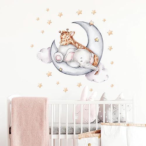 Miniatura 5 de Calcomanías de pared con diseño de jirafa de elefante y elefante, diseño de luna y estrellas de sacinora para decoración artística de decoración