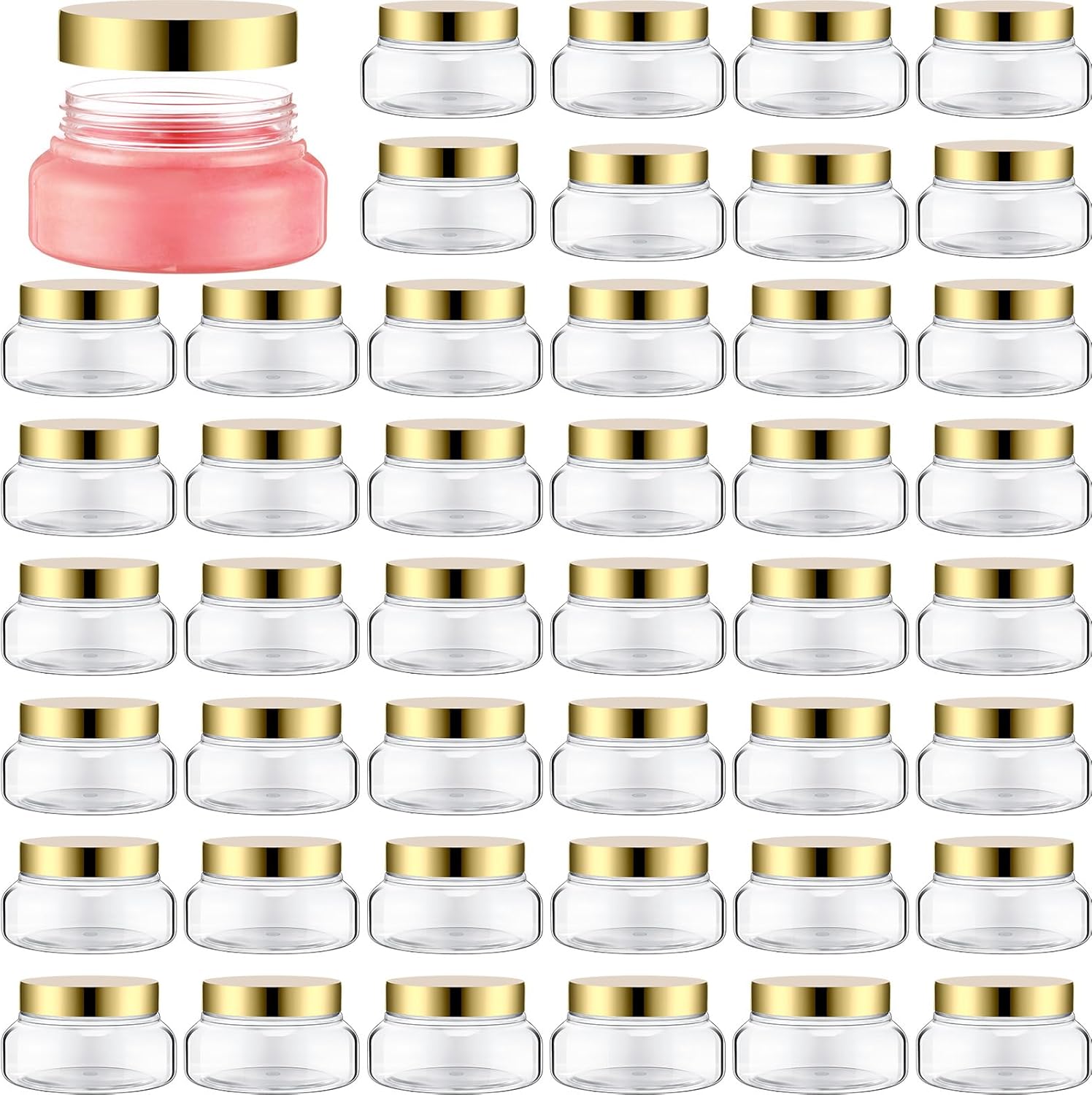 Mumufy Round Plastic Containers Plastic Jars with Lids Empty Travel Containers for Creams Refillable Cosmetic Jars for Lotions Body Scrub Body Butter(5 oz,Gold,Clear,48pcs)