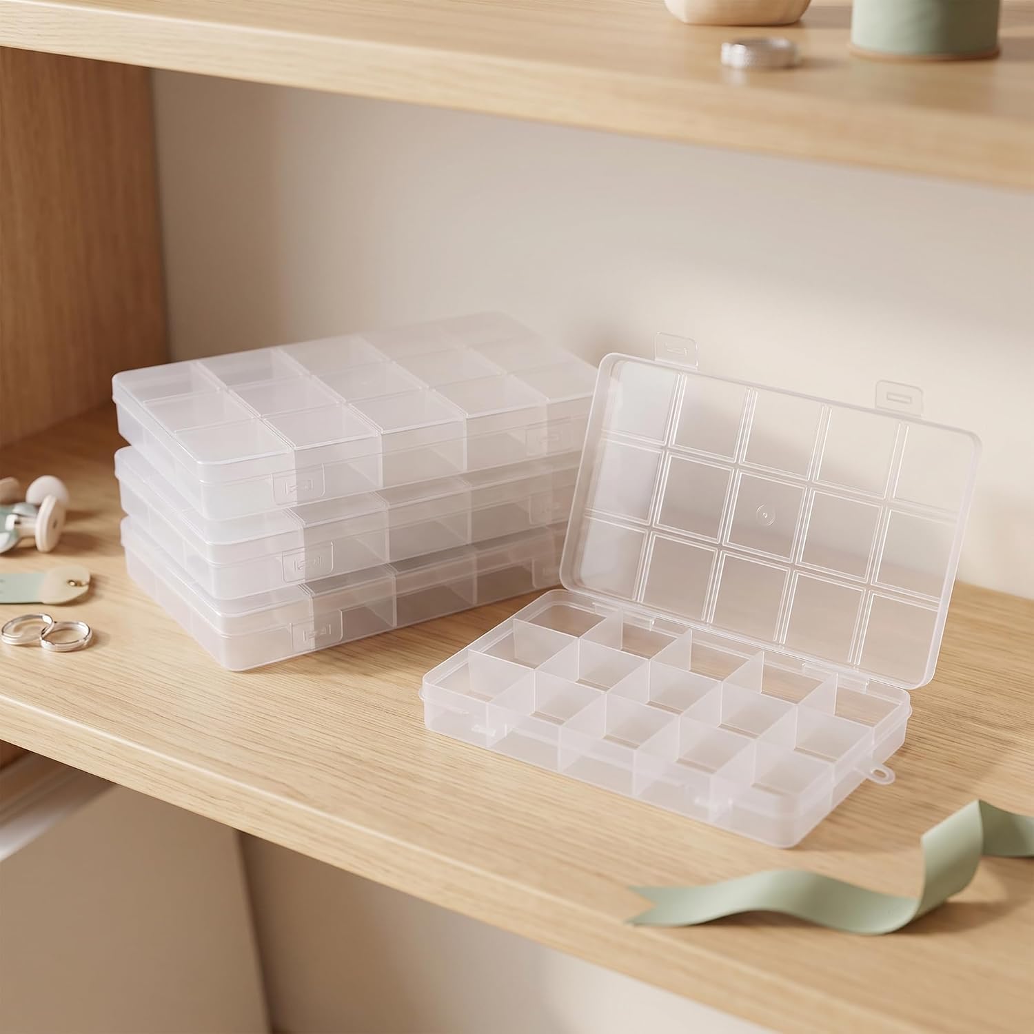 MAHIONG 40 PCS 15 Grids Clear Plastic Bead Organizer Box with Fixed Dividers for Jewelry Making, Fishing Tackle and Small Parts Storage, 6.7 x 3.7 x 0.7 Inch
