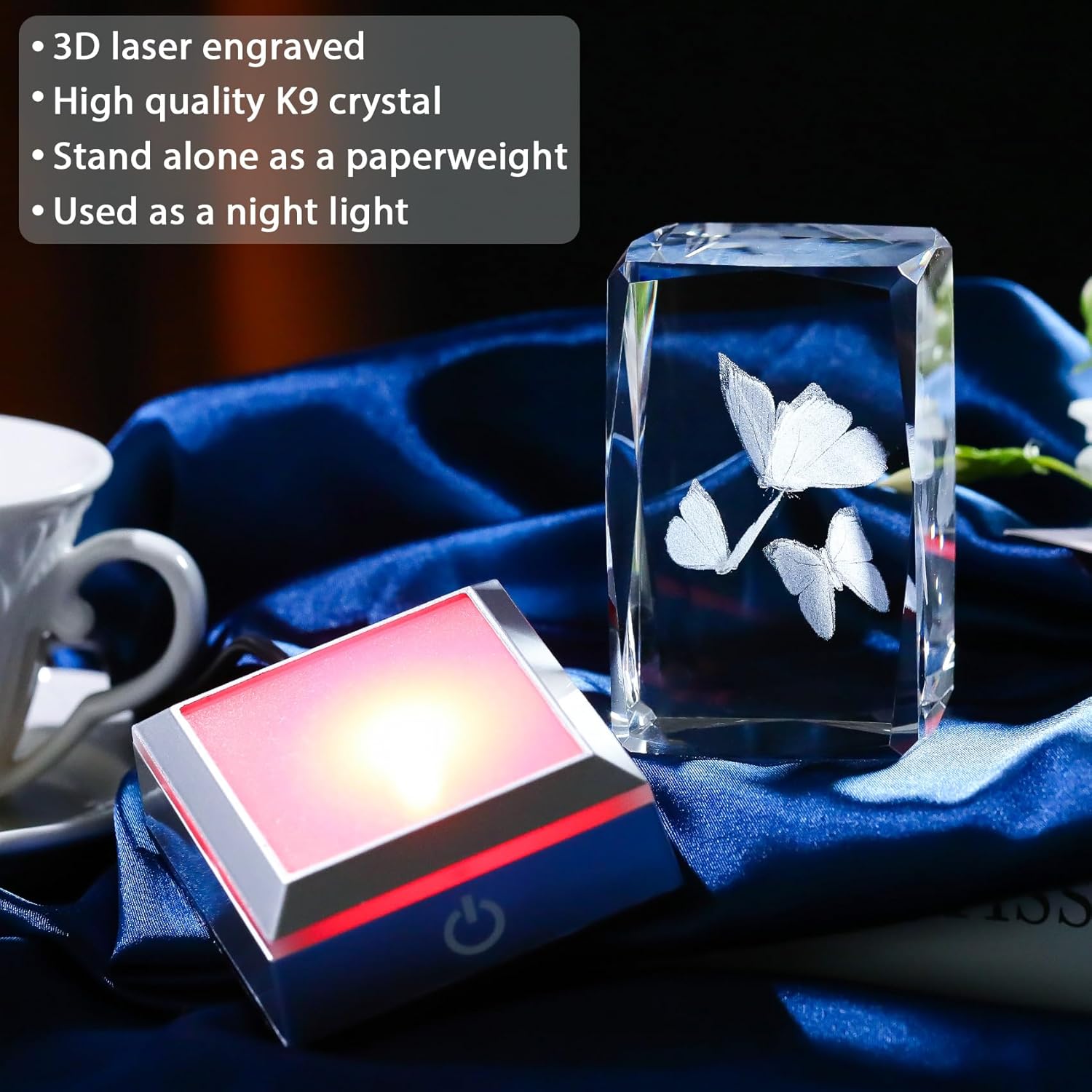 Enjinkail 3D Butterfly Crystal Cube with Color-Changing LED Base - Elegant Butterfly Night Light Gift for Women, Mom, Home Desk Decor, Paperweight & Bedroom Decorations