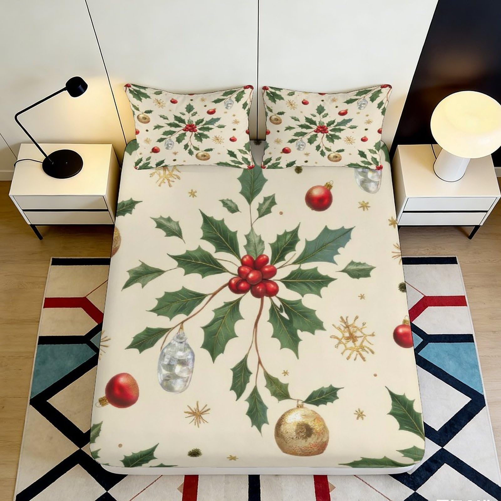 3D Printed Christmas Holly Fitted Sheet Microfiber Soft Breathable Festive Ornaments Bed Cover for Bedroom Dormitory Guest Room Mattress Protection 160x200x25cm