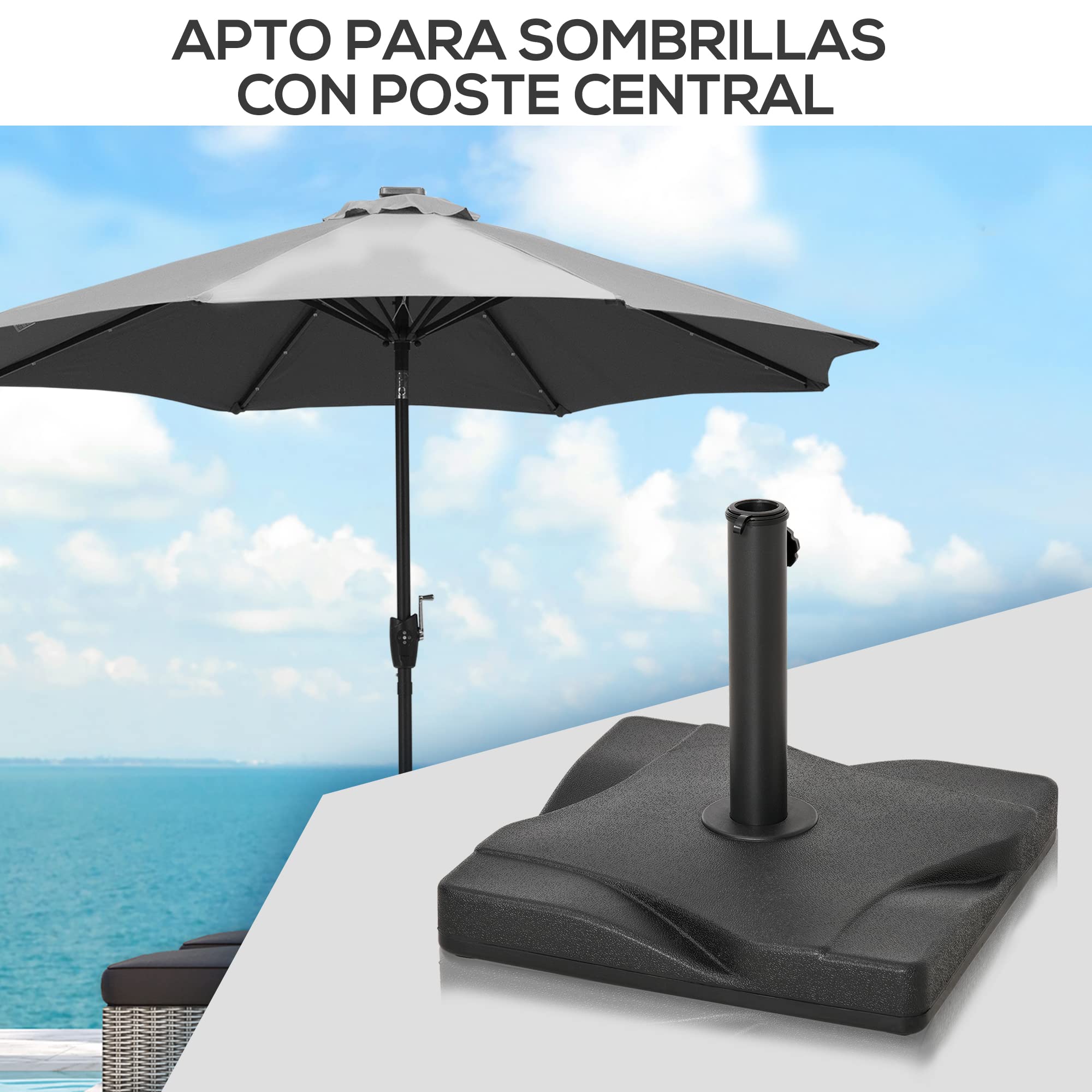 Outsunny Base de Sombrilla de Jardín Peso 20 kg Apta para Distintos Diámetros de Poste Ø32mm, Ø38mm, Ø48mm Rellena con Cemento Estable 41,5x41,5x33cm Negro