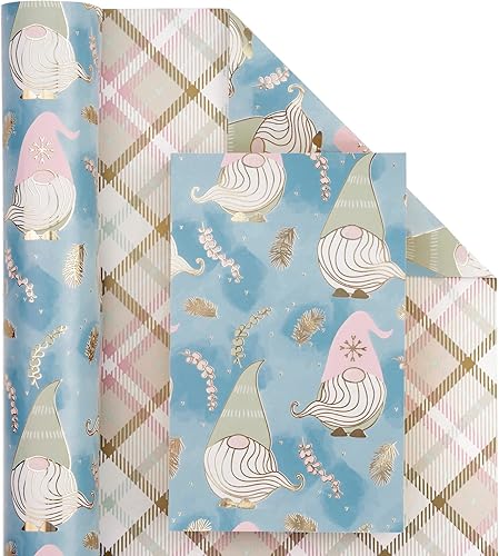 Miniatura 2 de WRAPAHOLIC Papel de regalo reversible de Navidad, mini rollo, 17 pulgadas x 33 pies, diseño de gnomo azul morado y cuadros con brillo metálico para