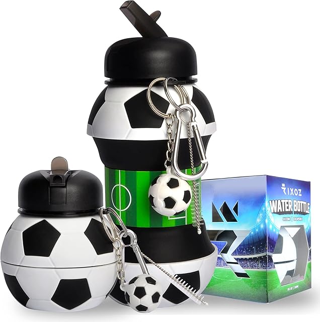 RIXOZ Football Water Bottle - 550ml Silicone Collapsible Football Water Bottle With Football Keyring For Kids