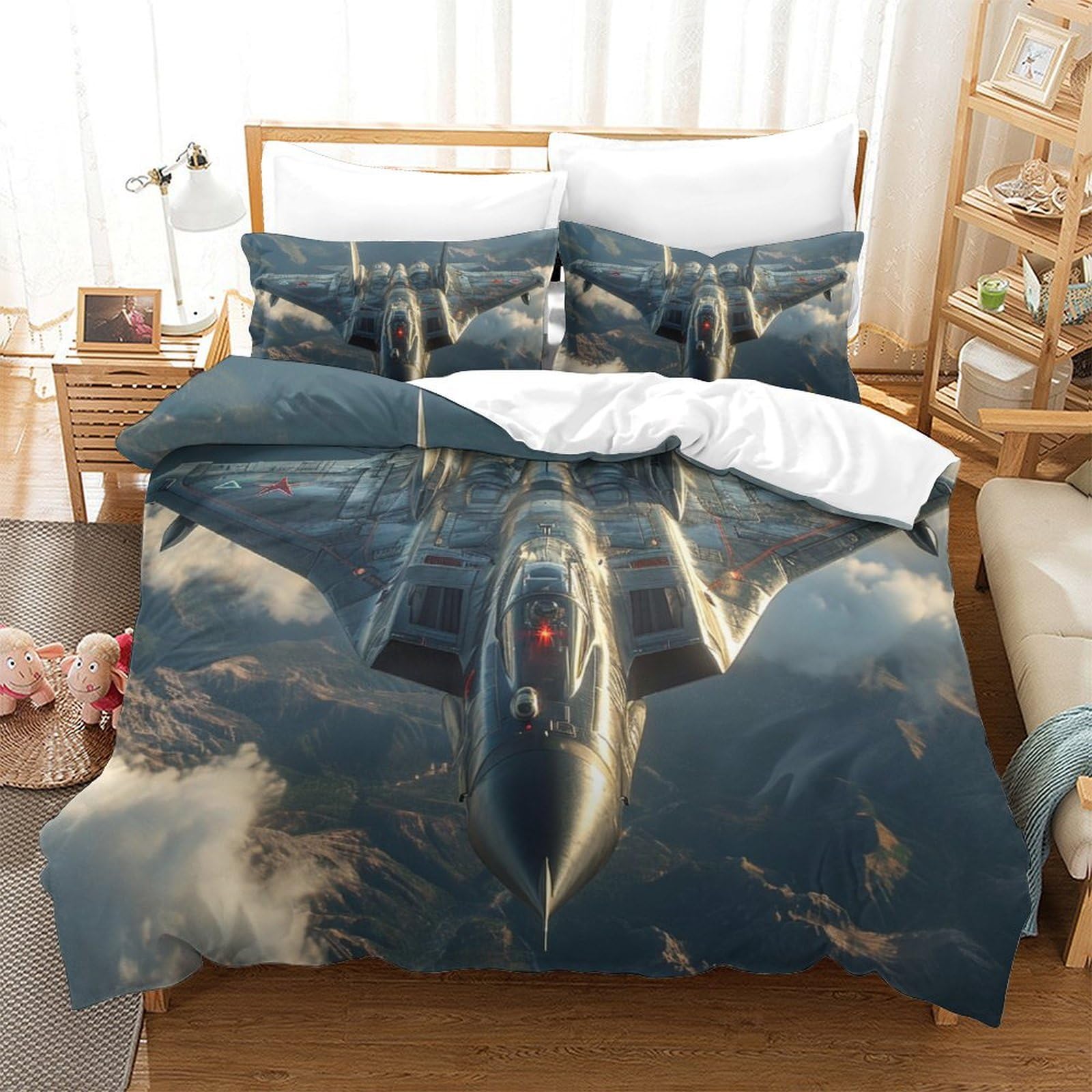 Housse de couette avions de combat 3D ultra douce et respirante pour grand lit de 260x220 cm