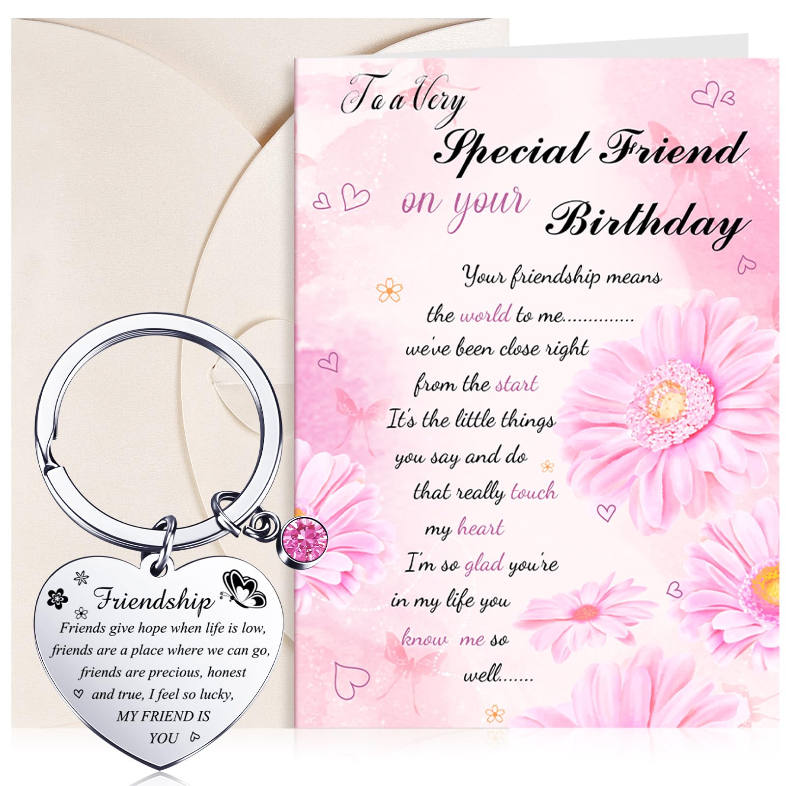 Yaomiao Special Friend Birthday Card and Keyring Female Friend Gifts Inspirational Friendship Keychain and Heart Envelope for Women Ladies Girl Teens Graduation Birthday Gifts