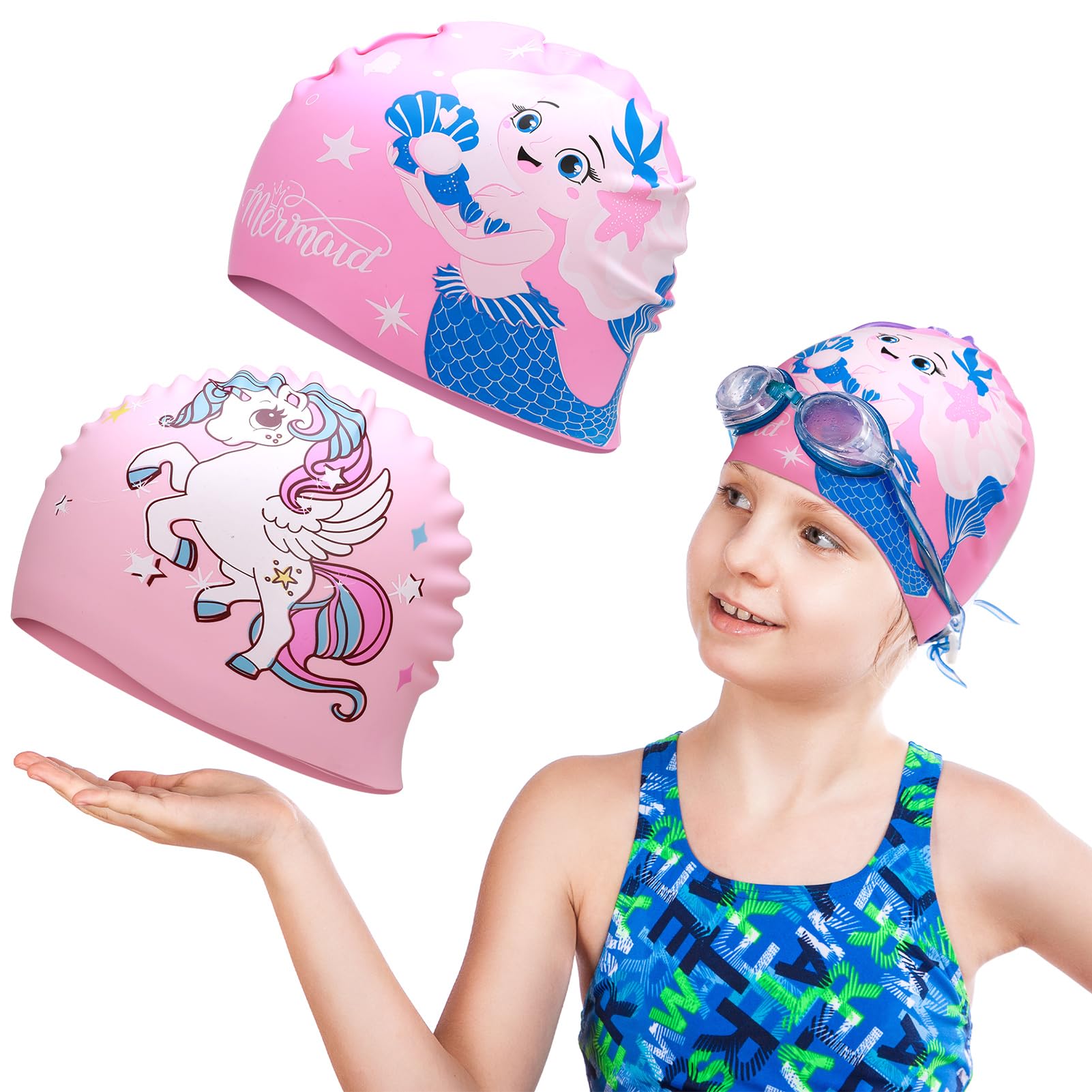Cuffie Da Nuoto Per Bambini 4-10 Anni | Confezione Da 3 In Rosa | Elastiche E Morbide | Con Simpatico Motivo Cartoon Per Piscina E Mare | Sicurezza E Visibilità - 3