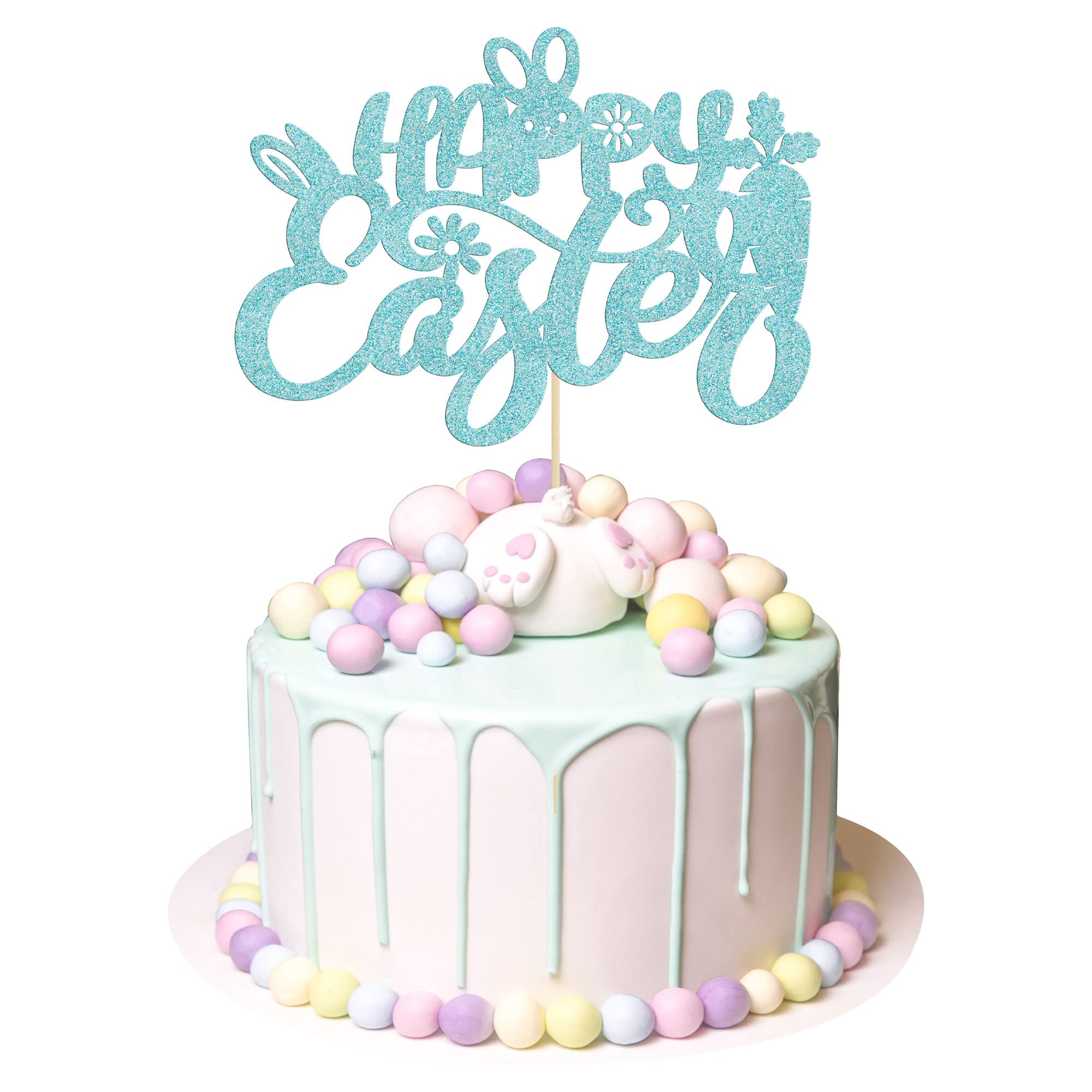 1Pc Happy Easter Cake Topper Blue Glitter Rabbit Carrot Cake Food Pick Bunny Easter Cake Decorations for Happy Easter Themed Baby Shower Kids Birthday Party Supplies