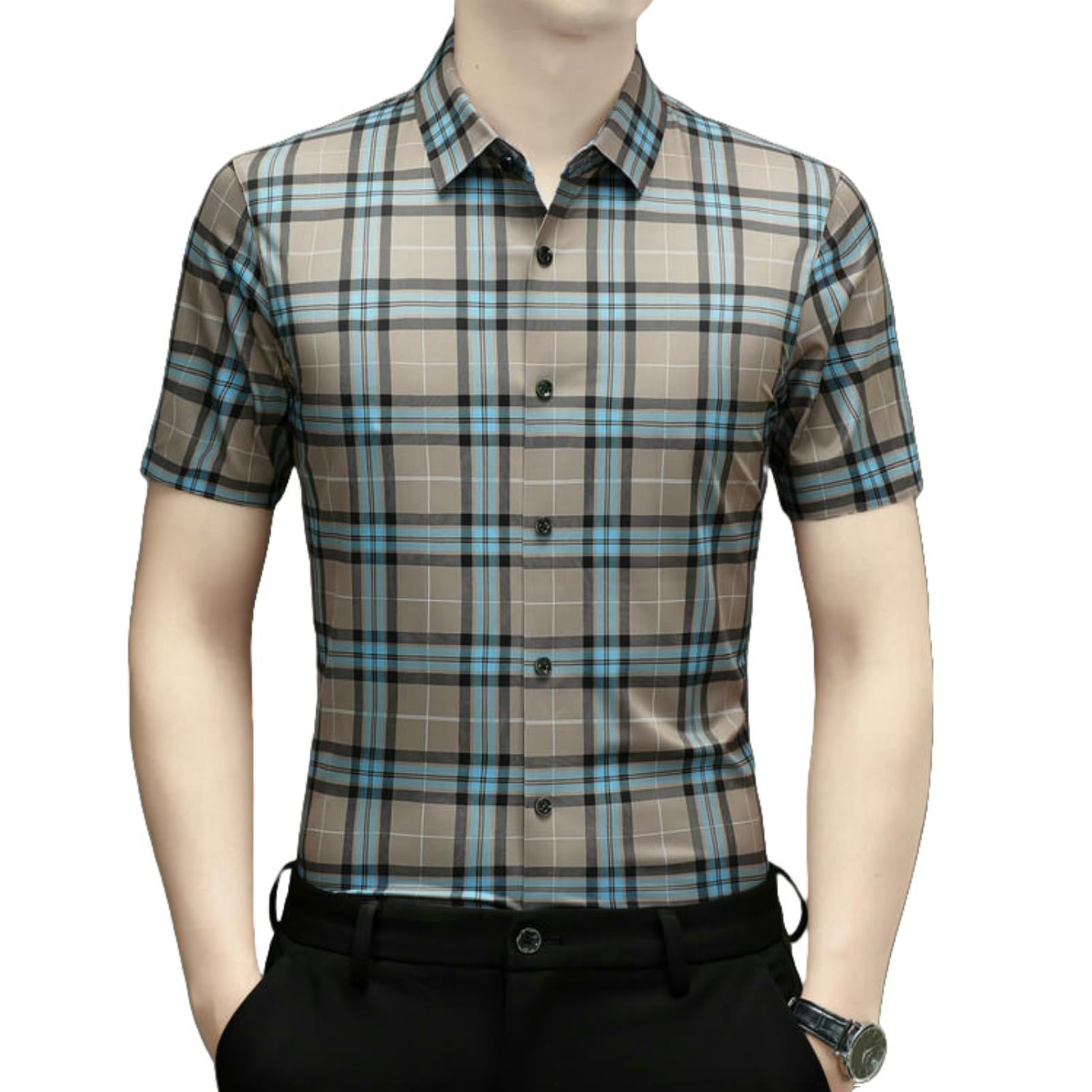 Camisa de manga corta a cuadros holgada estilo coreano con botones