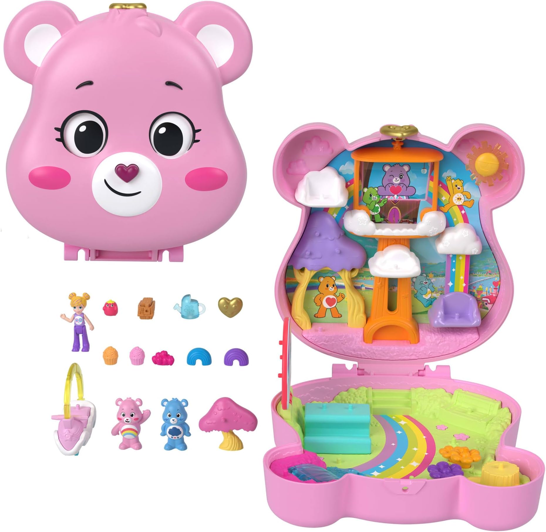 Polly Pocket x Care Bears Dolls & Playset with Toy Car and Themed Accessories, Travel Toy, Partnership Compact, JCC14