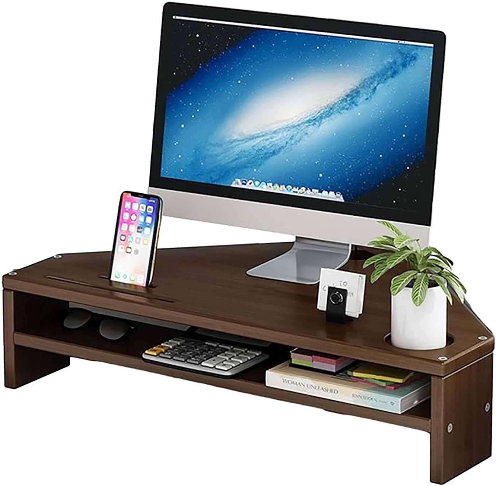 Supporto Monitor Supporto per Monitor Angolare da Scrivania con 2 Ripiani, Supporto per Organizer per Computer Triangolari con Slot per Telefono, Supporto da Ufficio da 21 Pollici(Black)