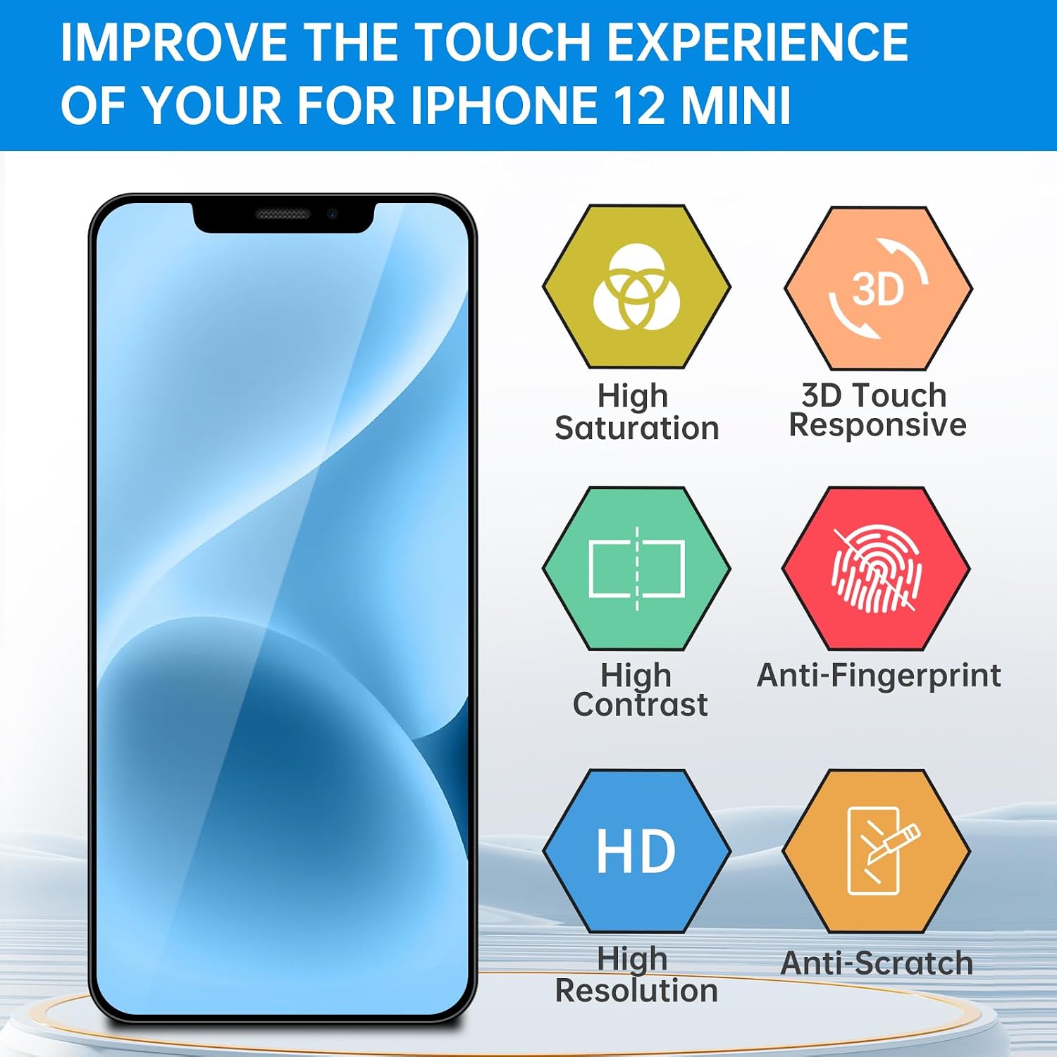 for iPhone 12 Mini Screen Replacement with Earpiece 5.4" LCD Display 3D Touch Digitizer Proximity Sensor Assembly Full Repair Tool Kit Magnetic Pad Waterproof Seal A2176 A2398 A2399 A2400