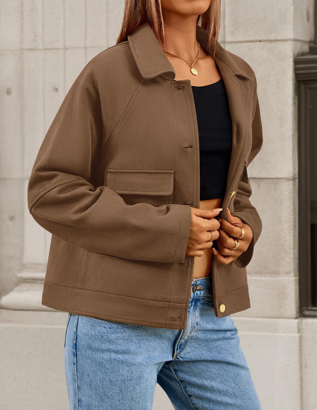 ZESICA Womens 2026 Spring Faux Suede Cropped Jackets Coats Casual Button Down Barn Vintage Trendy Shackets - Image 4