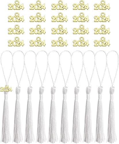 Tupalizy 10 mini borlas sedosas hechas a mano con 20 dijes del año 2024 para graduación, llavero, aretes, joyería, regalos de boda, recuerdos,