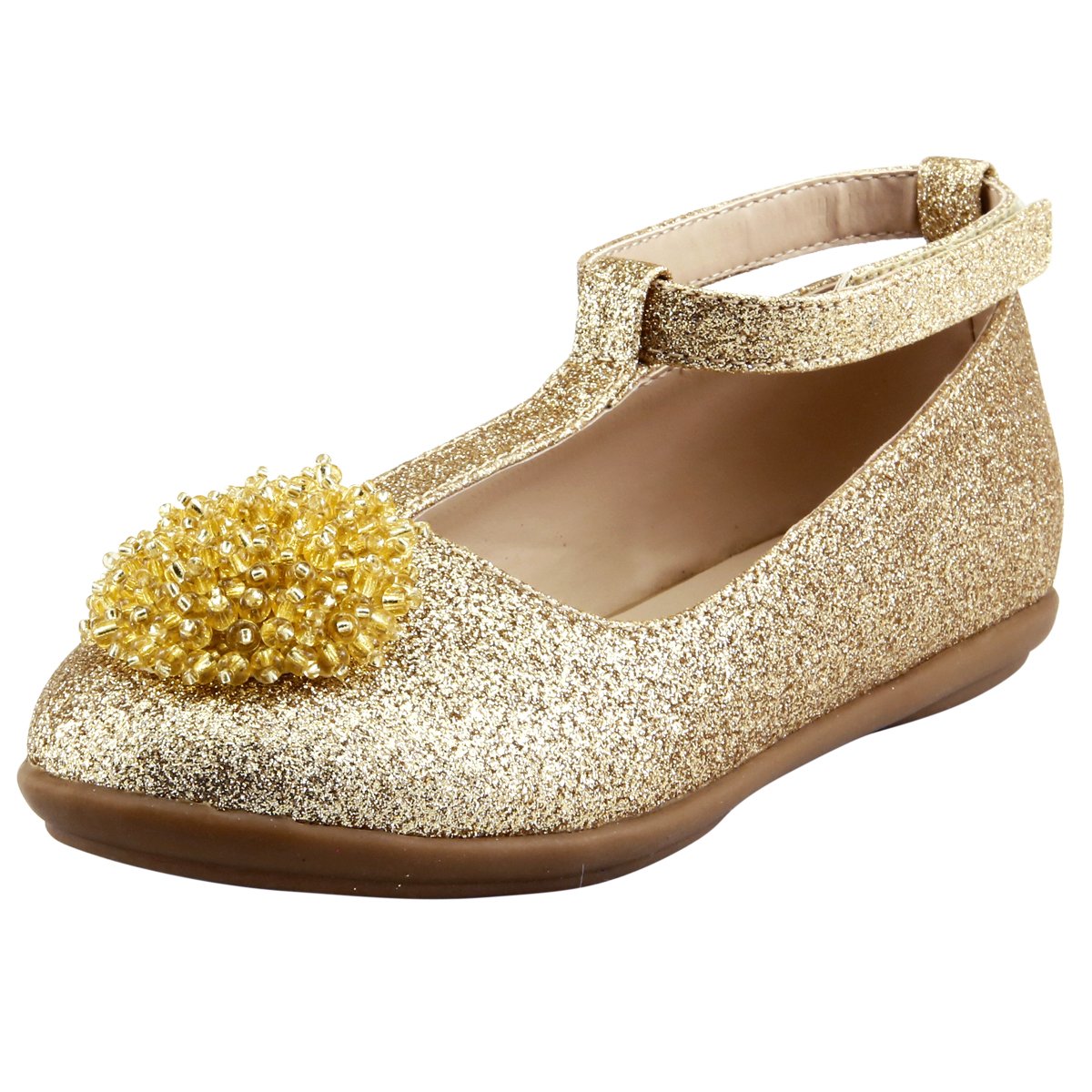 SKY HIGH Wedding Flower Girl's T-Strap Dress Shoes Glitter with Beads Topper Little Kids (11, Gold)