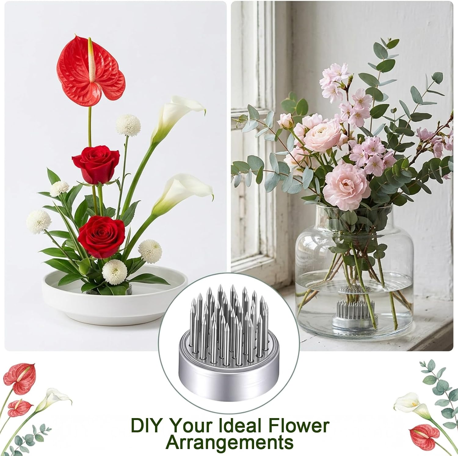 24Pcs Floral Frog Stainless Steel Ikebana Flower Arranger Holder, Mini Pin Frog for Small Vase, Silver Japanese Kenzan for DIY Floral Arrangements, Wedding Party Home Decor