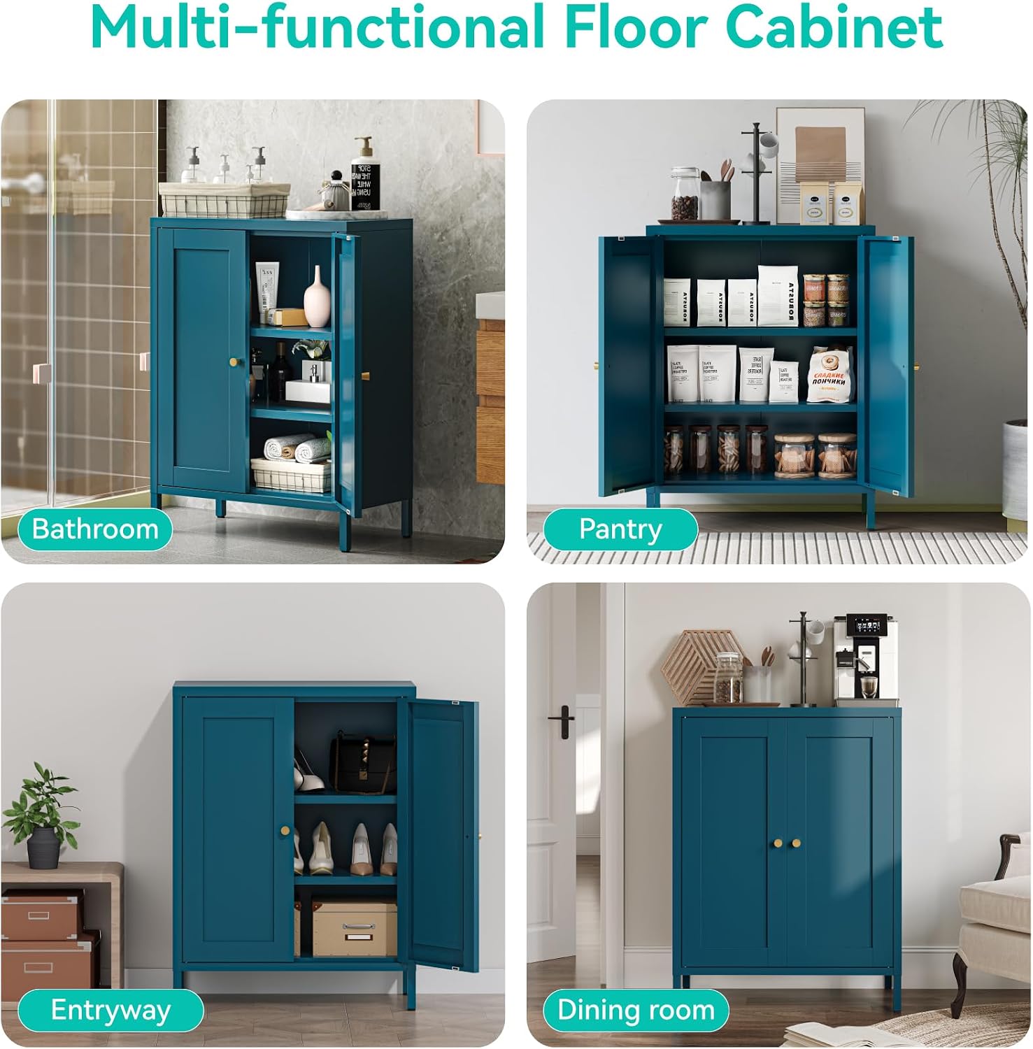 Metal Floor Storage Cabinet, Small Freestanding Sideboard Storage with 2 Adjustable Shelves for Bathroom Entryway Living Room Dining Room Coffee bar Kitchen,11.8"D x 23.6"W x 31.5"H,3-Tier,Teal Blue
