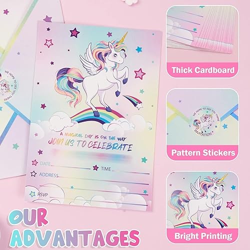 Miniatura 4 de WERNNSAI 24 invitaciones de cumpleaños de unicornio  Suministros de fiesta de unicornio arcoíris con sobres para niñas, cumpleaños, baby shower,