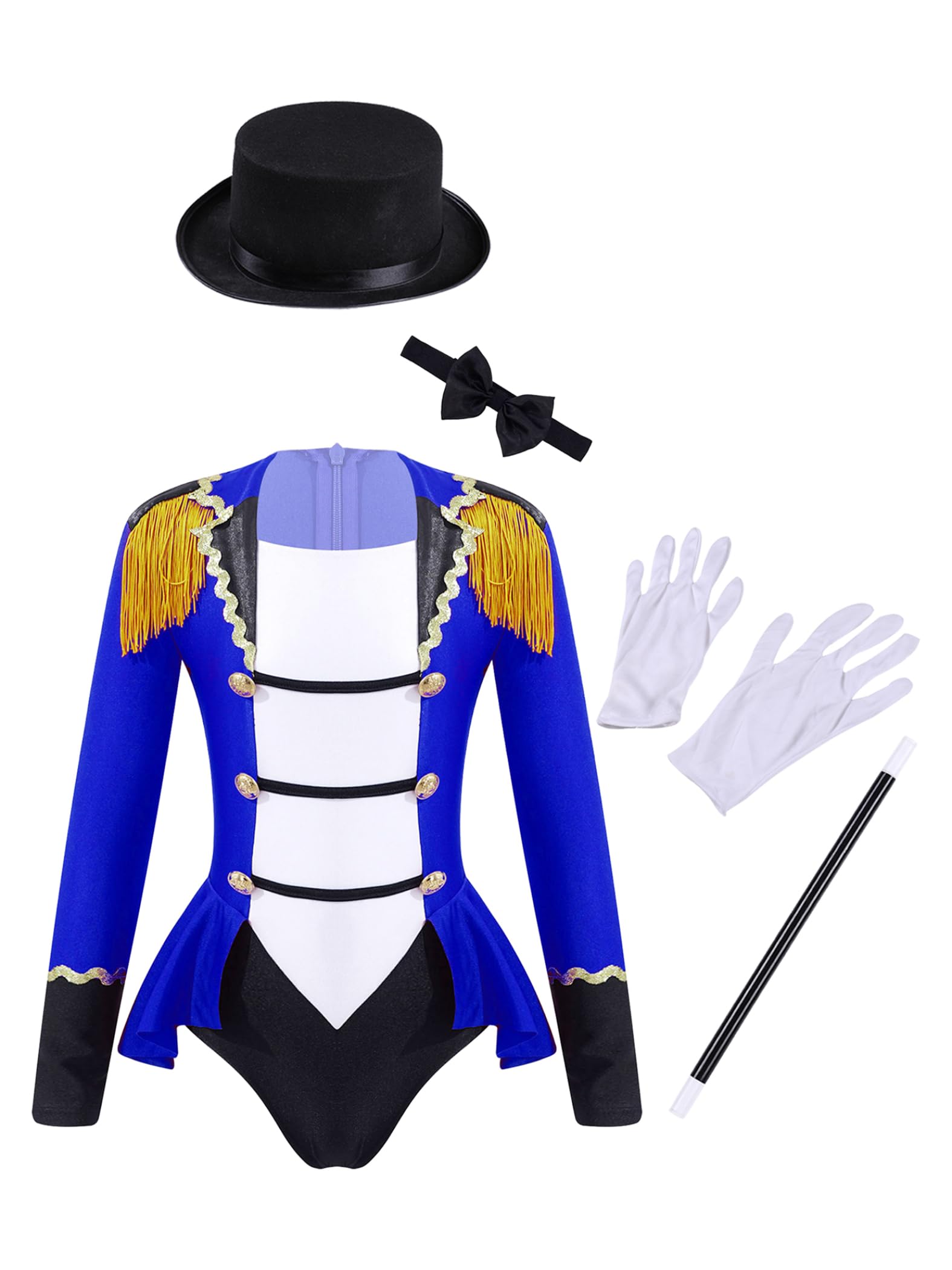 Riismen Kids Girls Ringmaster Magician Costume Tassel Leotard Tailcoat with Magic Kit for Party Sapphire 9-10 Years