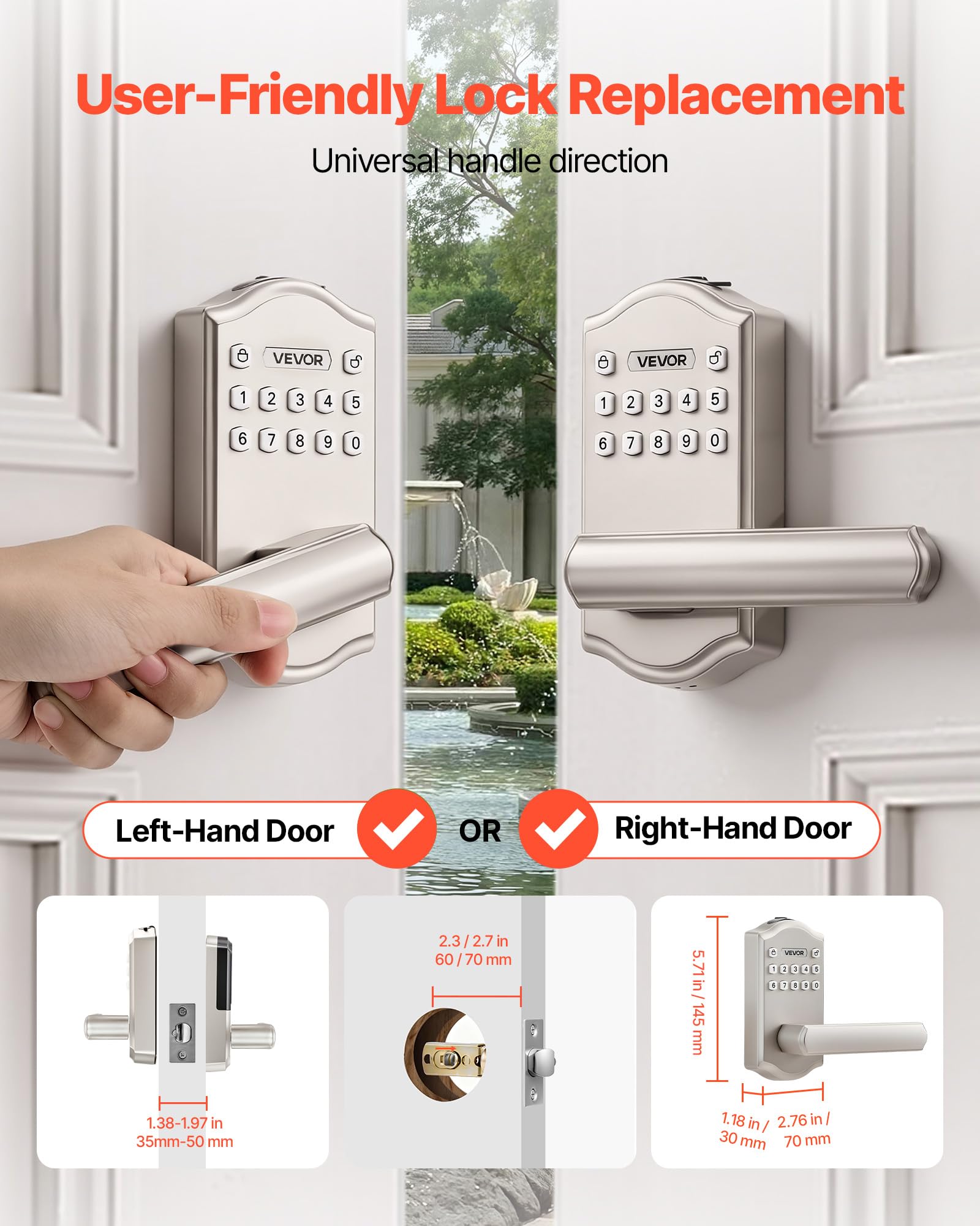 VEVOR Cerradura de puerta de entrada sin llave con asa, manija de puerta de palanca electrónica con teclado, códigos de usuario personalizables, entrada con llave, bloqueo automático, contraseña