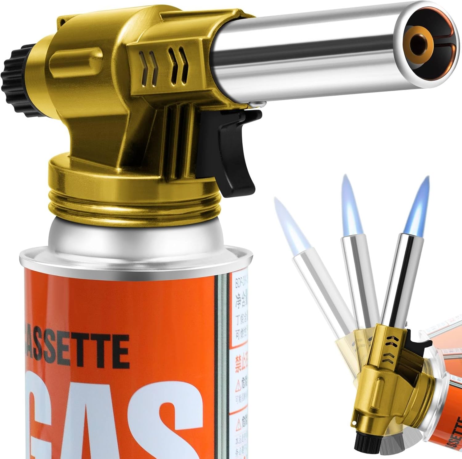 専門のガス・バーナー、ブタンの打撃のトーチ-台所打撃のライターのガス・トーチ、デザートのクレーム・ブリュレの調理 BBQ のキャンプのための 360° 逆の使用調節可能な炎(含まれていないブタン ガス)金の金属の貝