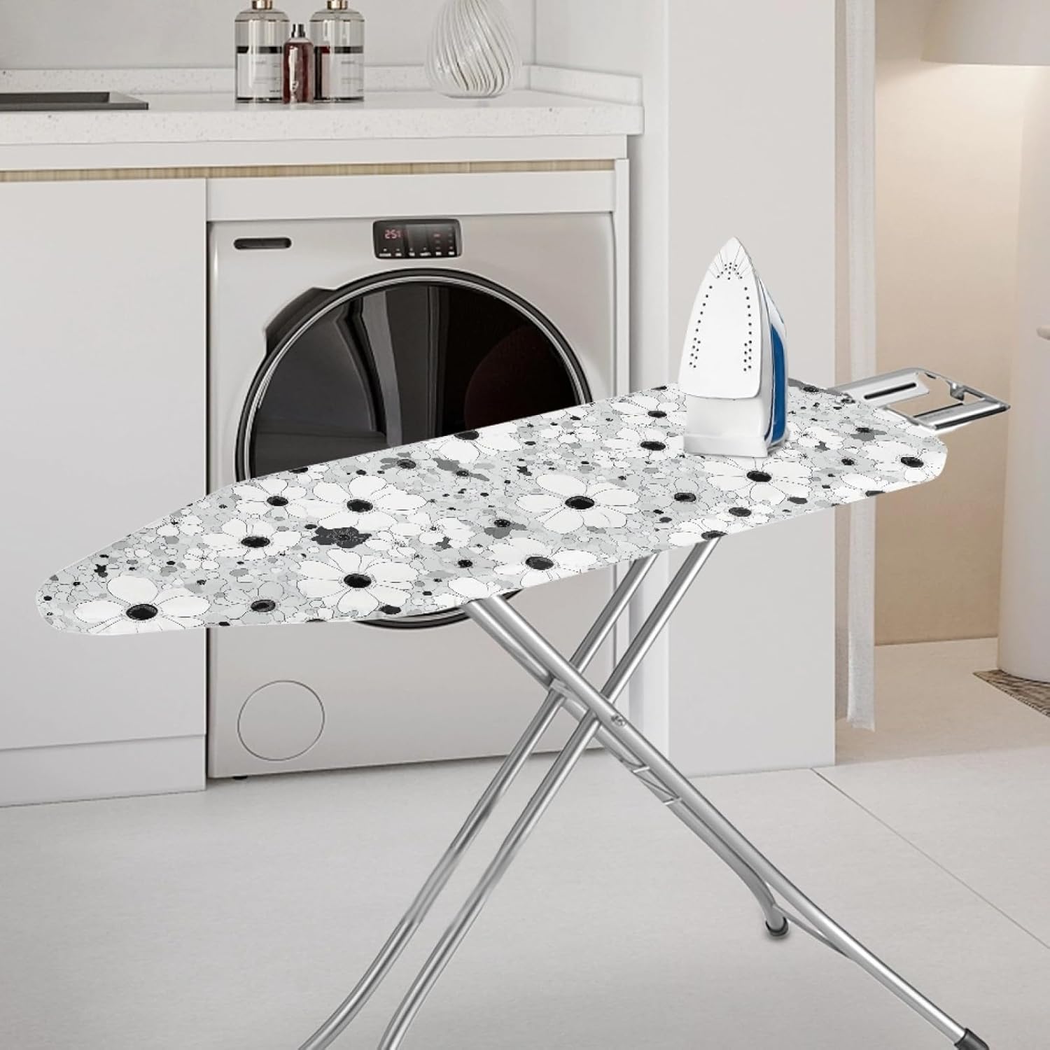 Iron Board Cover with Padding Standard Size Light Gray White Dot Bar Padded Ironing Board Covers 15x54 Heat Reflective Extra Thick Wide Non Stick Scorch and Stain Resistant Heatproof