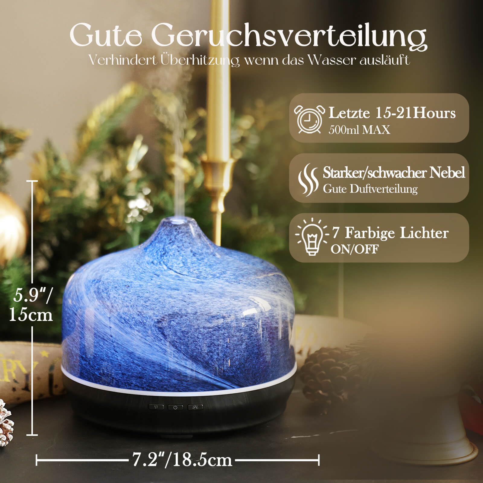 Porseme Aroma Diffuser 500ml, Handgeblasen Glas Luftbefeuchter Ultraschall | Aromatherapie Öle Diffusor mit 7 farbigem LED Licht,Diffusor für Ätherische Öle Letzte 15-21 Stunden,für Wohnung (Obsidian)