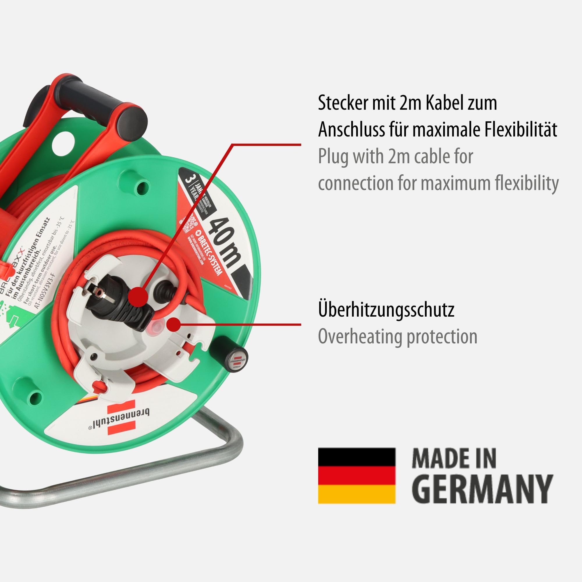 Brennenstuhl Garant G Bretec IP44 - Avvolgicavo per tosaerba con cavo da 38 + 2 m, in plastica speciale, uso a breve termine in esterni, made in Germany