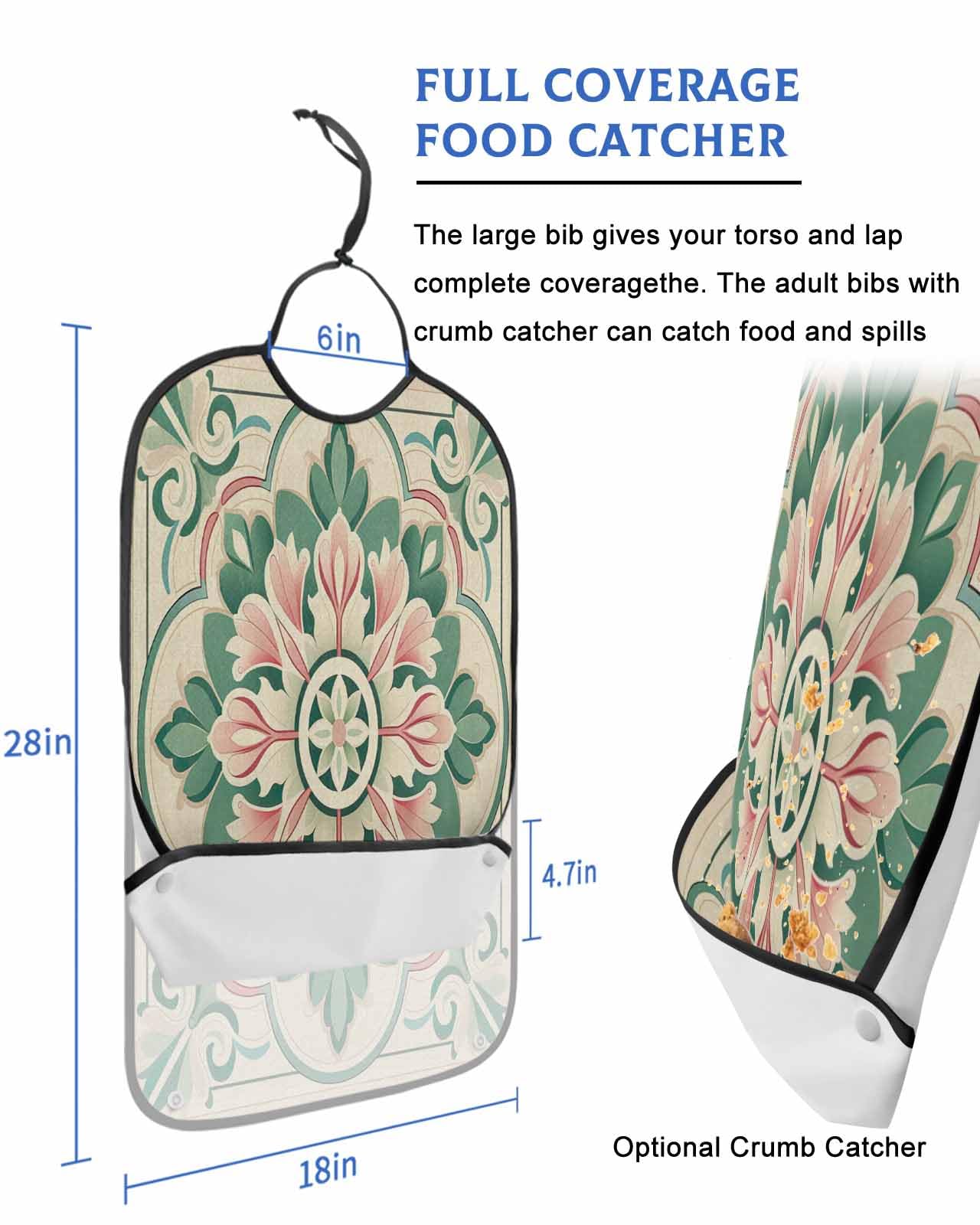 LEOKOTI Pink Green Flower Adult Bibs for Eating, Waterproof Bibs with Food Catcher & Adjustable Snap Closure, Elegant Spring Floral Abstract Art Washable Clothing Protectors Adult Bibs for Elderly