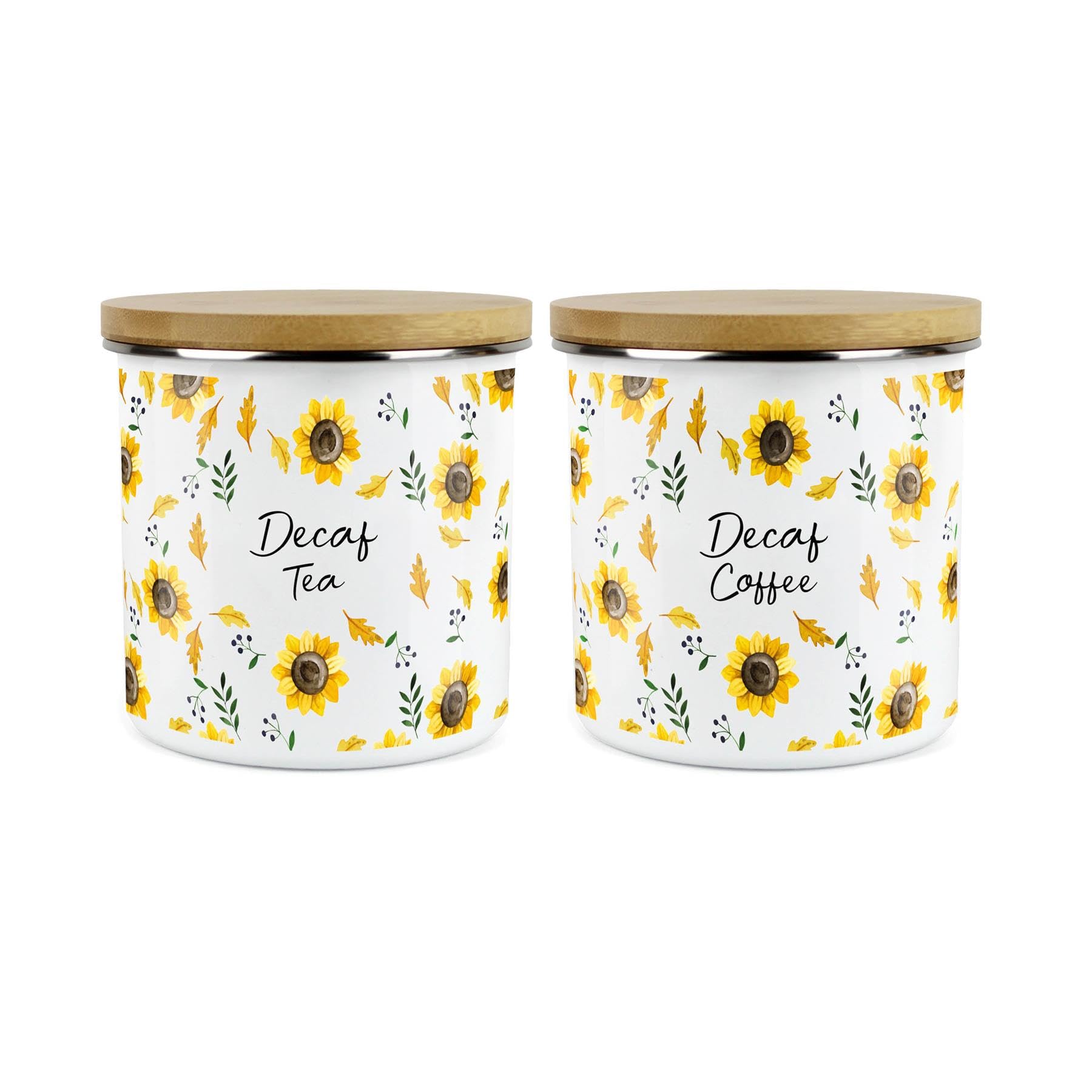 Purely Home Yellow Sunflowers Decaf Tea & Decaf Coffee Storage Canister Set - Metal Enamel Hot Drinks Storage Containers Gift Set of 2