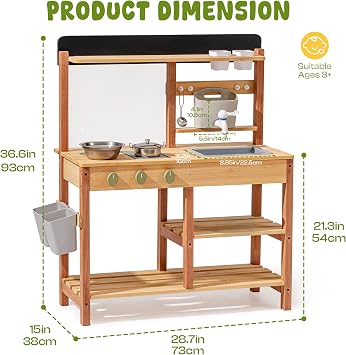 ROBOTIME Mud Kitchen Kids Outdoor Wooden Kitchen Playset Water Sink Storage Faucet Flower Pot Cooking Accessories Gift for Boys & Girls Educational Outdoor Toys for Ages 3+