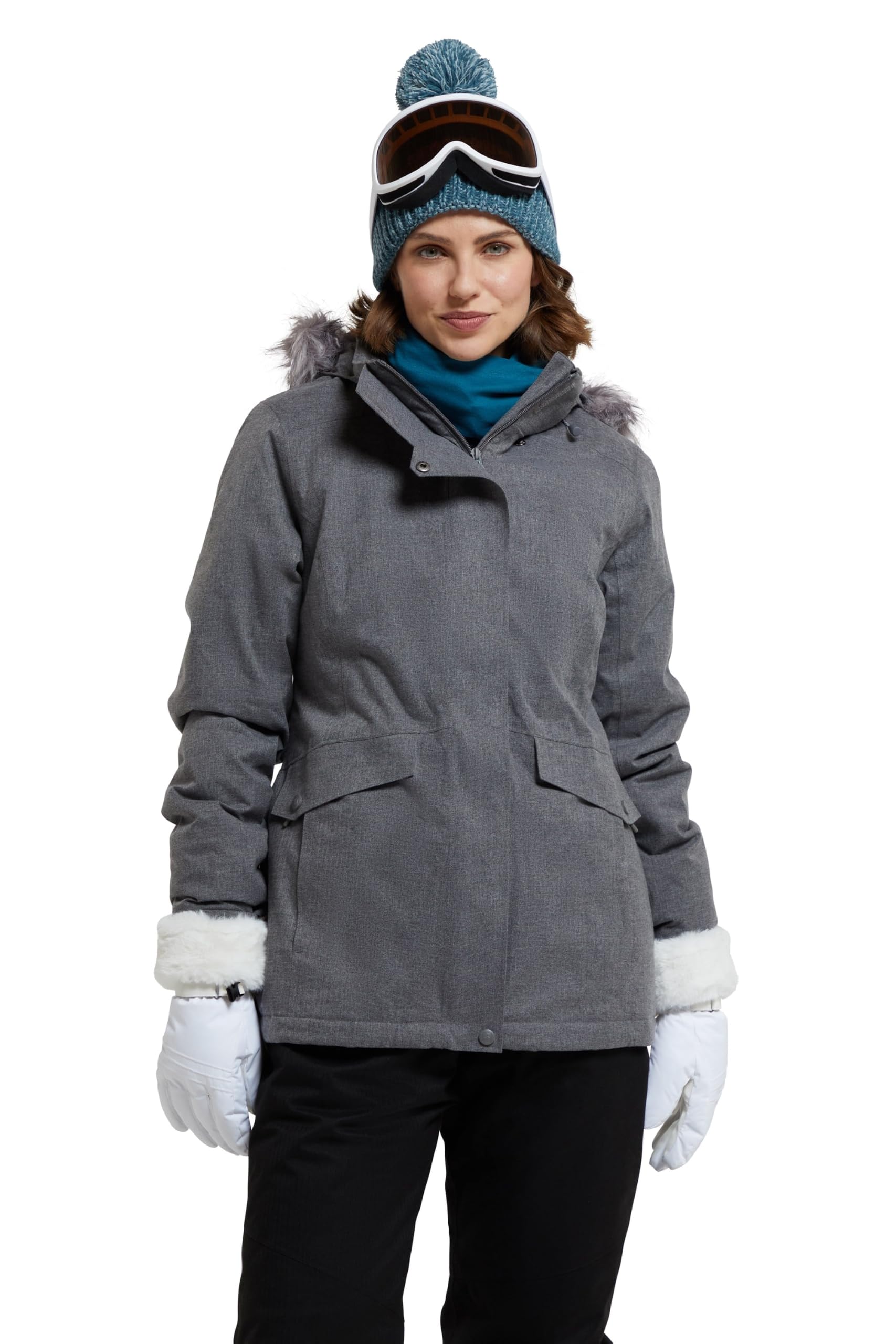 Mountain Warehouse Women's Grey 'Snow Ii' Waterproof Padded Detachable Hood Ski Jacket In | Size: 6